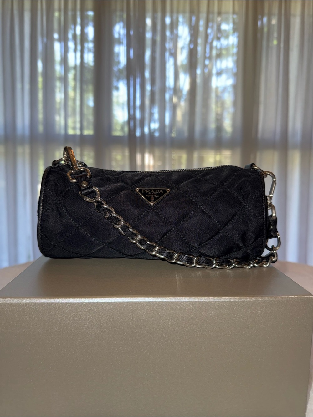 Prada Black Quilted Mini Barrel Bag with Silver Chain - Picture 15 of 16